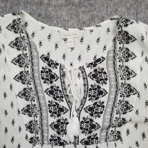 Garnet Hill Top Womens 12 Popover Paisley Boho Balloon Sleeve Tassel Tie Neck - Picture 3 of 10